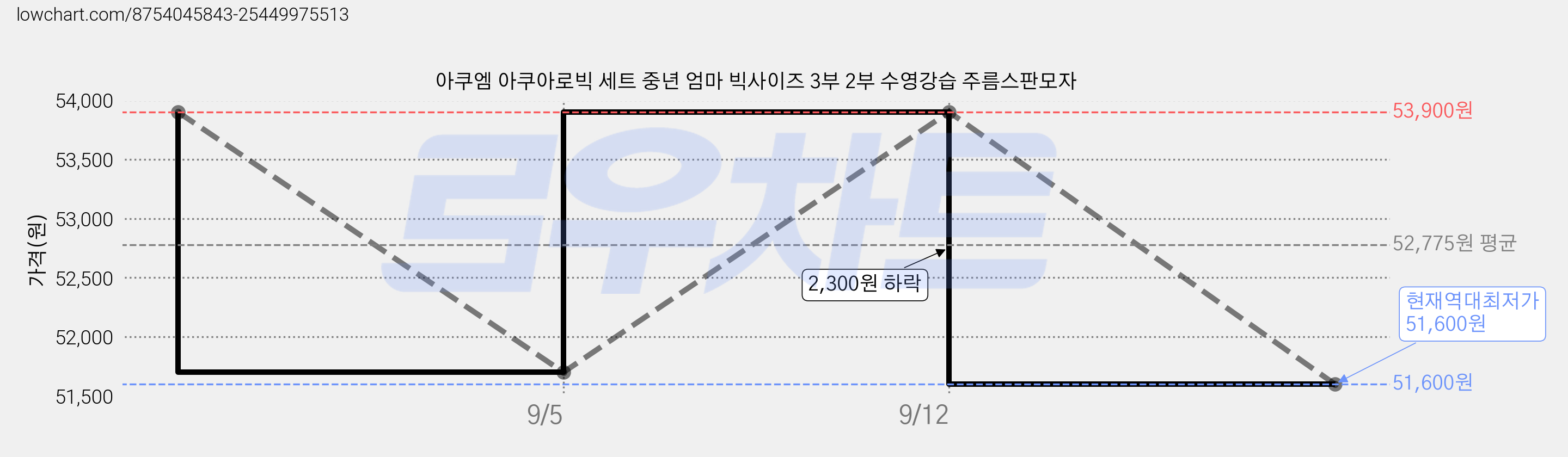 아쿠엠 아쿠아로빅 세트 중년 엄마 빅사이즈 3부 2부 수영강습 주름스판모자 가격 변동 차트, 현재가 51,600원, 역대최저가