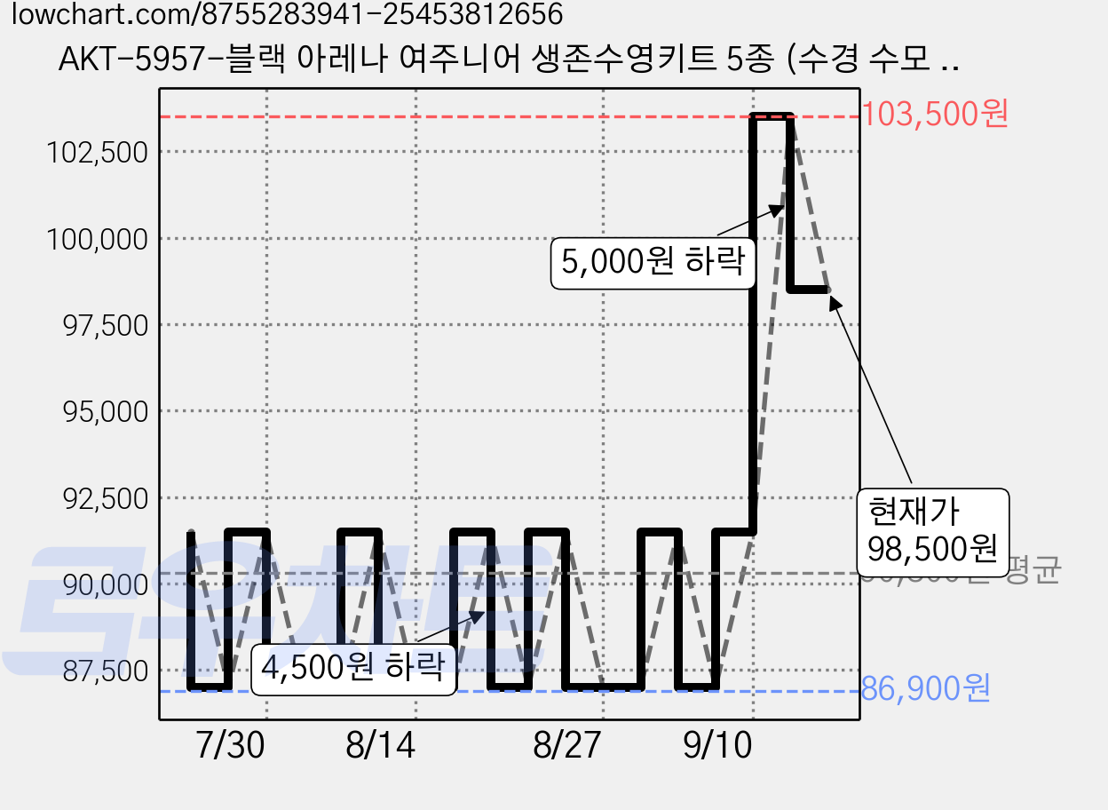 AKT-5957-블랙 아레나 여주니어 생존수영키트 5종 (수경 수모 수영복 메쉬가방 타올 폴리백 세트) 가격 변동 차트, 현재가 98,500원, 관측 최저가 86,900원