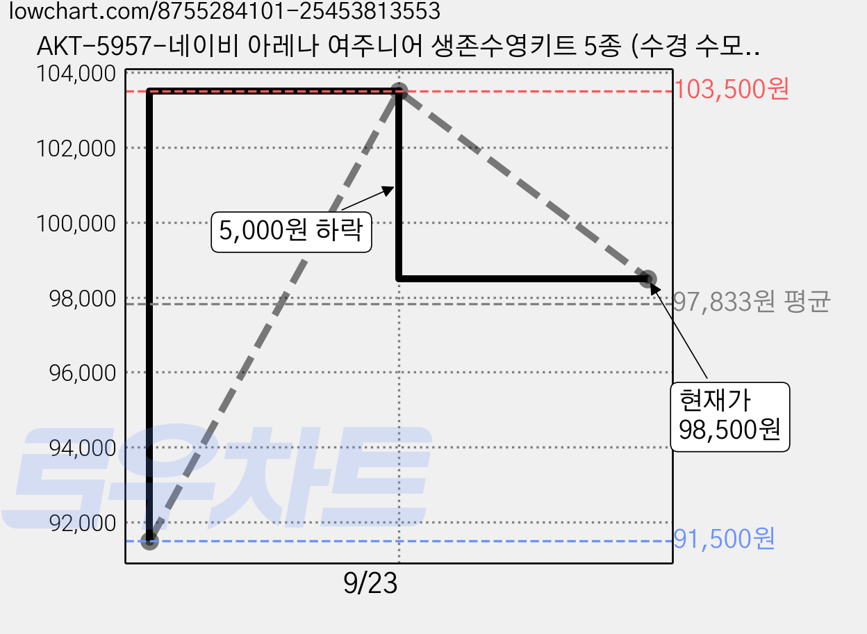 AKT-5957-네이비 아레나 여주니어 생존수영키트 5종 (수경 수모 수영복 메쉬가방 타올 폴리백 세트) 가격 변동 차트, 현재가 98,500원, 관측 최저가 91,500원