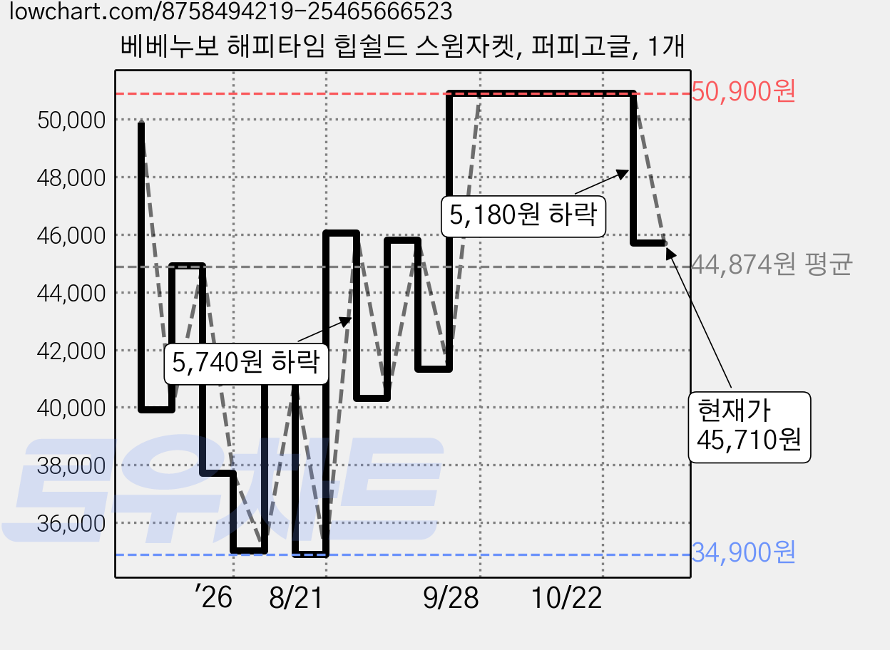 베베누보 해피타임 힙쉴드 스윔자켓, 퍼피고글, 1개 가격 변동 차트, 현재가 45,710원, 관측 최저가 34,900원