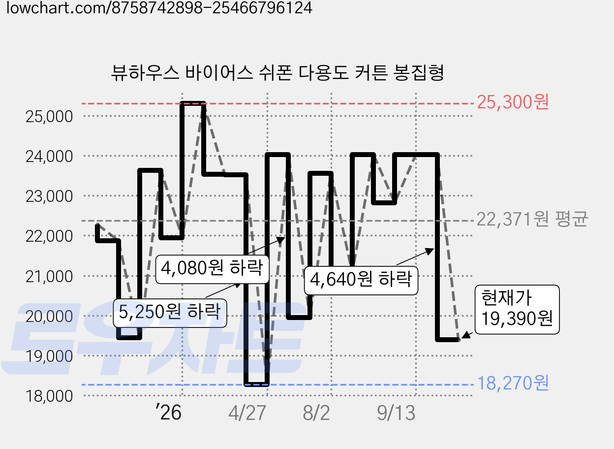 뷰하우스 바이어스 쉬폰 다용도 커튼 봉집형 가격 변동 차트, 현재가 19,390원, 관측 최저가 18,270원