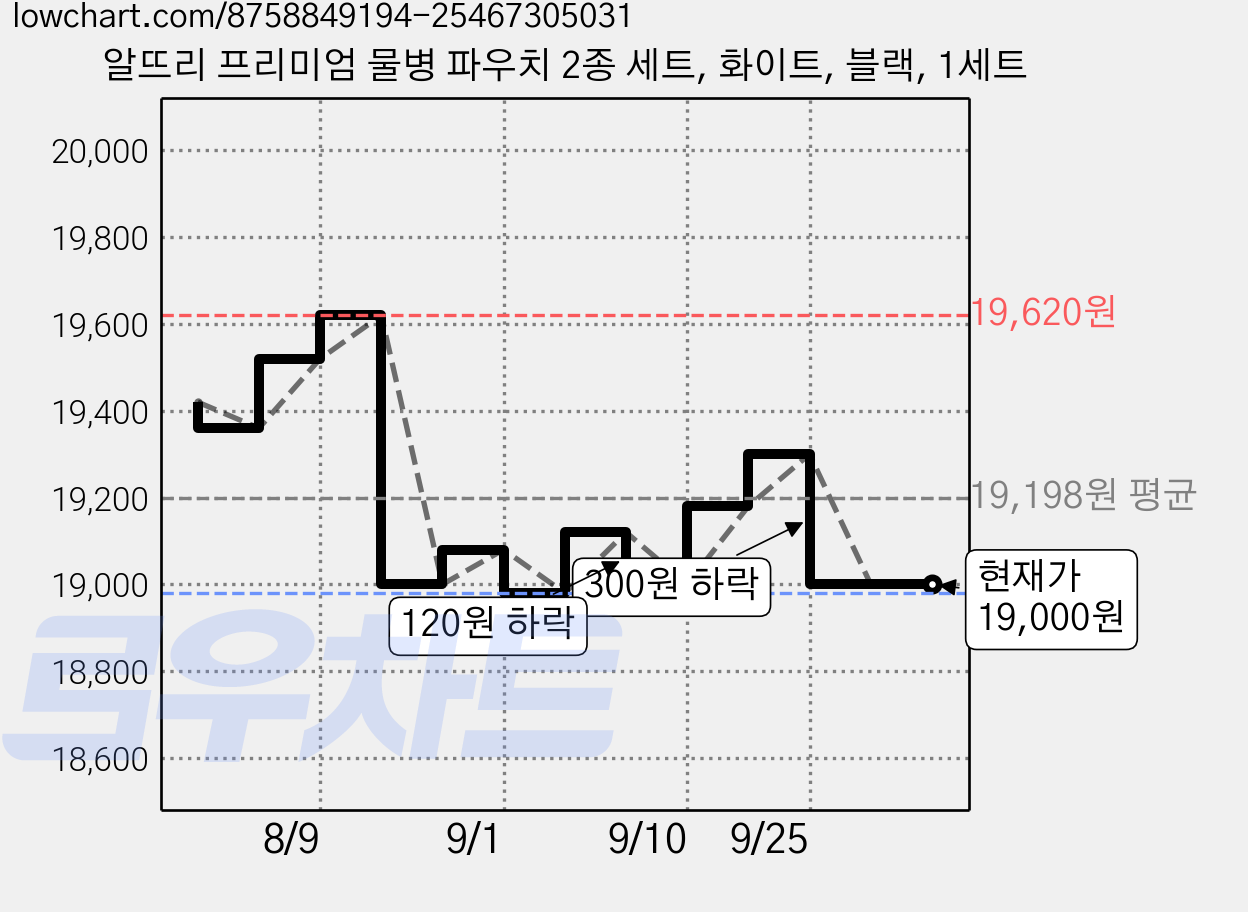 알뜨리 프리미엄 물병 파우치 2종 세트, 화이트, 블랙, 1세트 가격 변동 차트, 현재가 19,000원, 관측 최저가 18,980원
