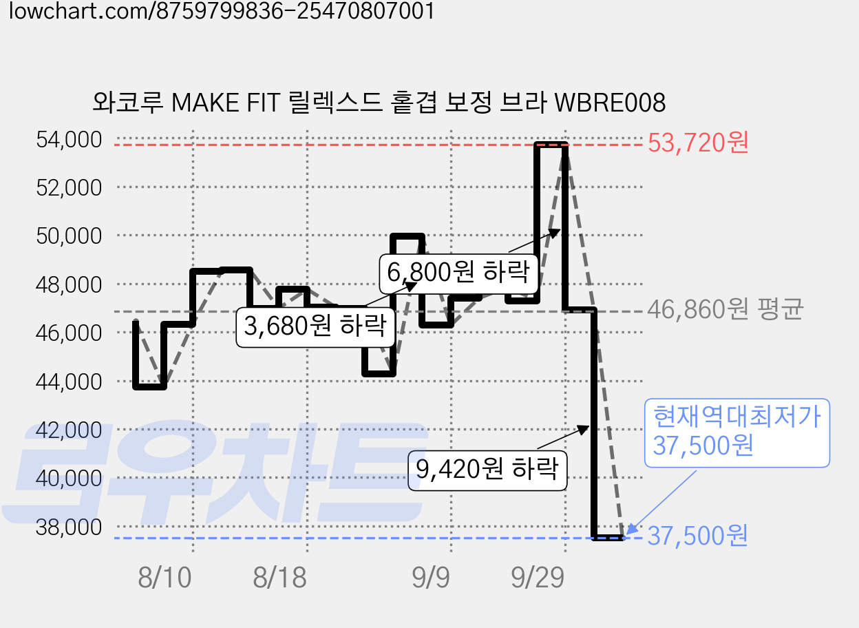와코루 MAKE FIT 릴렉스드 홑겹 보정 브라 WBRE008 가격 변동 차트, 현재가 37,500원, 역대최저가