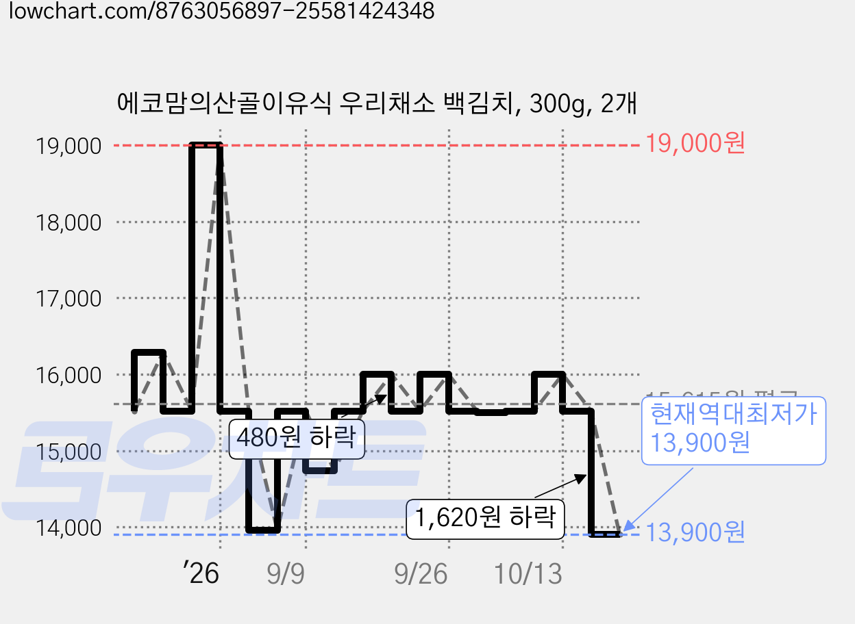 에코맘의산골이유식 우리채소 백김치, 300g, 2개 가격 변동 차트, 현재가 13,900원, 역대최저가