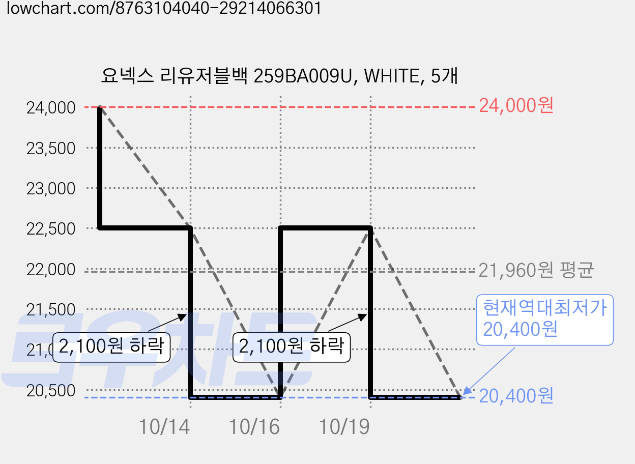 요넥스 리유저블백 259BA009U, WHITE, 5개 가격 변동 차트, 현재가 20,400원, 역대최저가