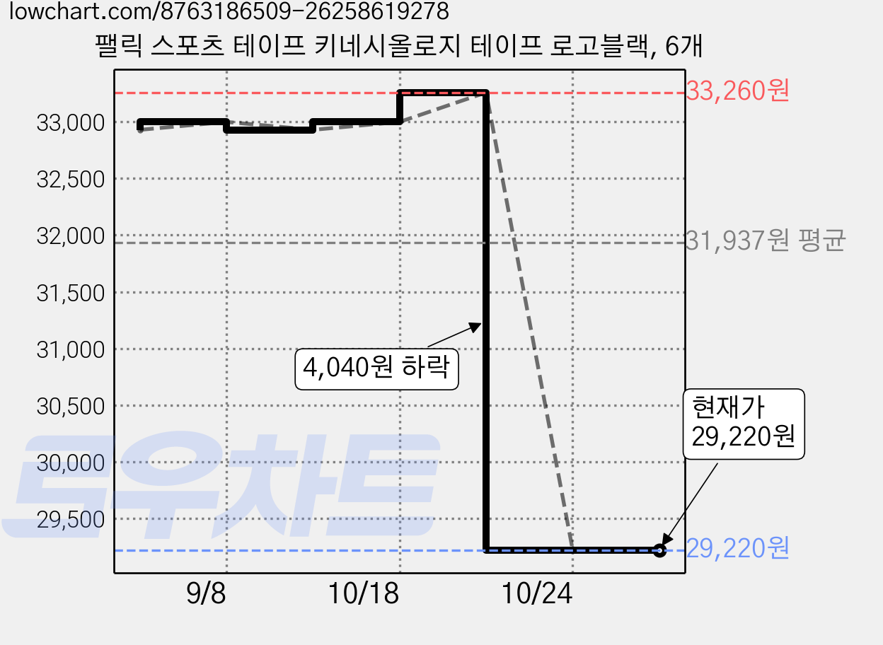 팰릭 스포츠 테이프 키네시올로지 테이프 로고블랙, 6개 가격 변동 차트, 현재가 29,220원, 관측 최저가 28,430원