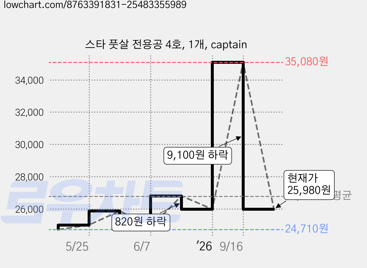 스타 풋살 전용공 4호, 1개, captain 가격 변동 차트, 현재가 25,980원, 관측 최저가 24,710원