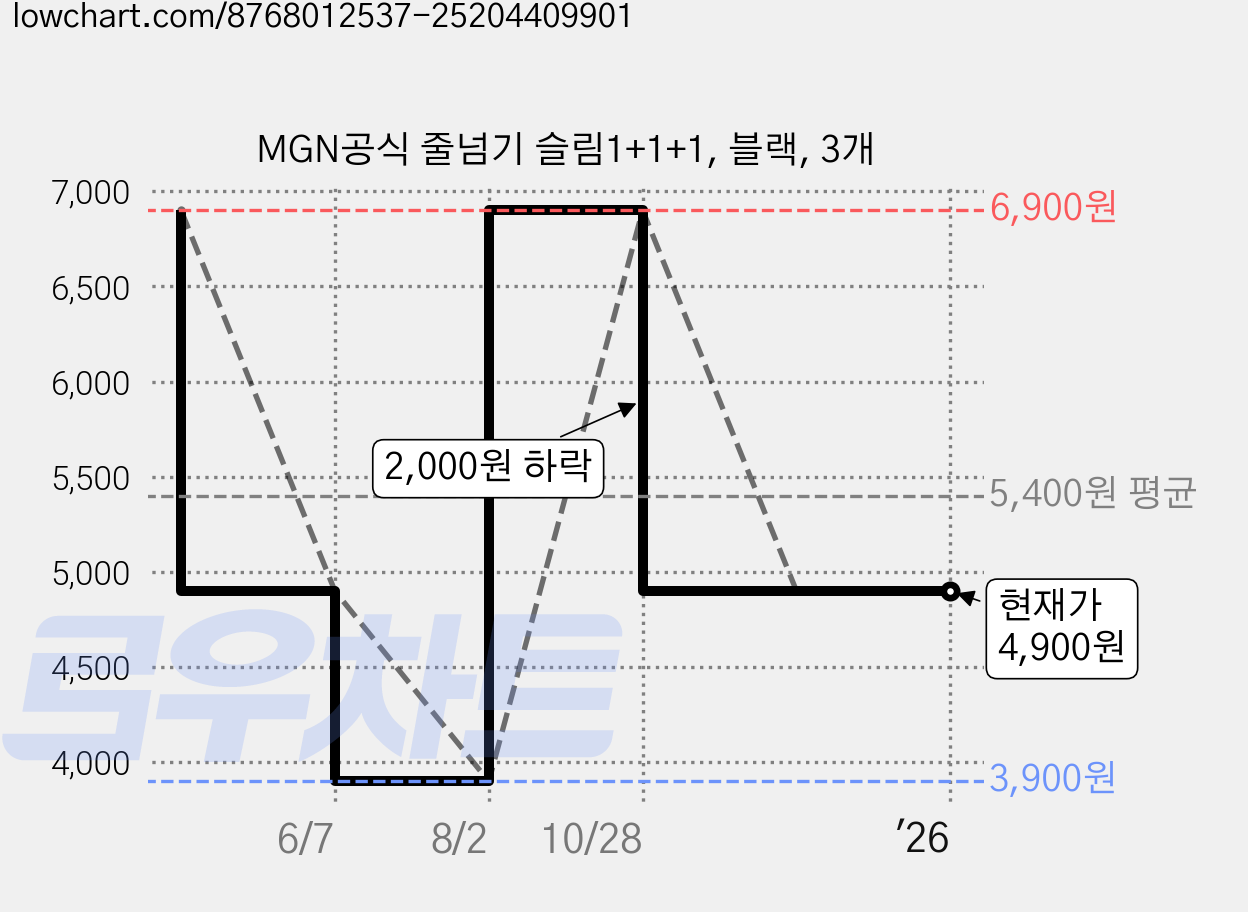 MGN공식 줄넘기 슬림1+1+1, 블랙, 3개 가격 변동 차트, 현재가 4,900원, 관측 최저가 3,900원