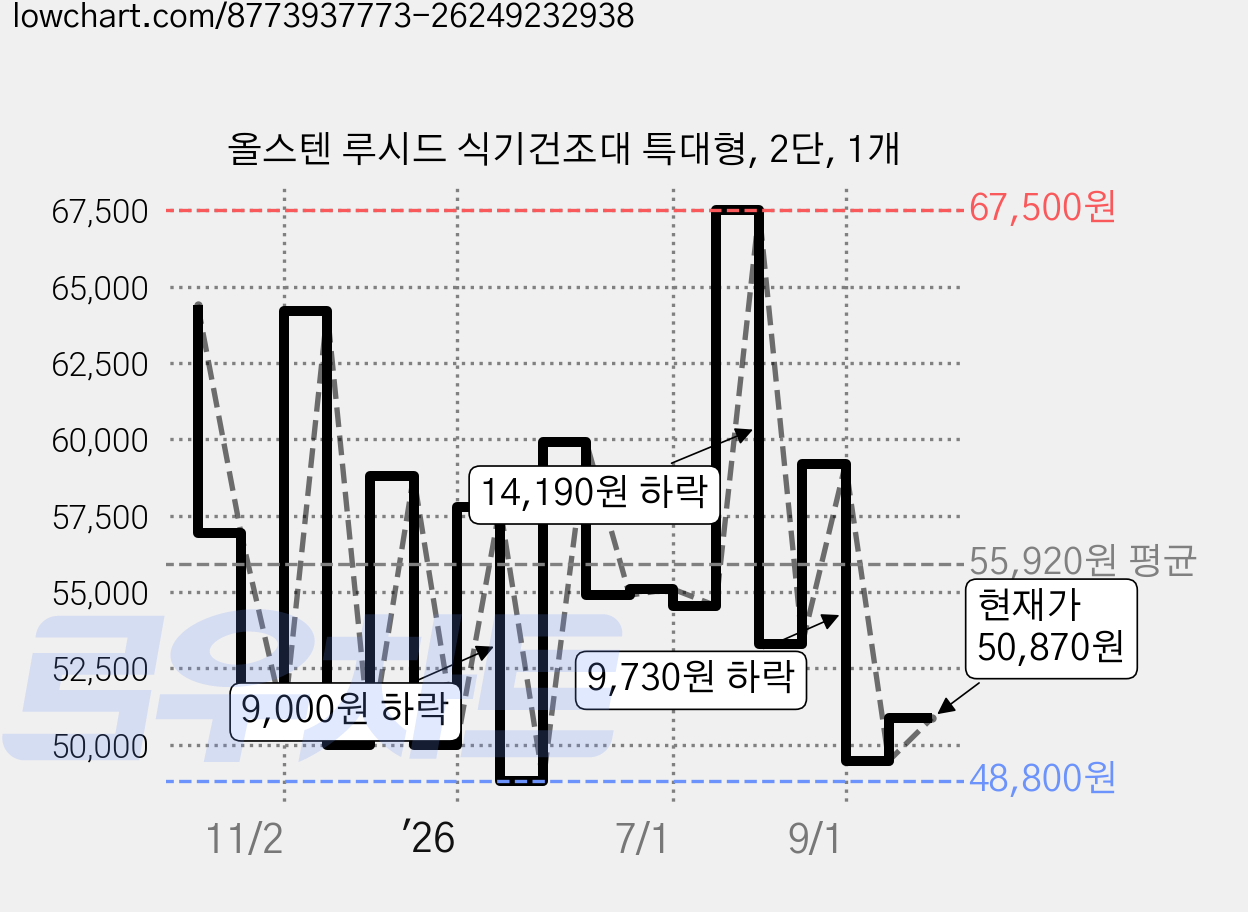 올스텐 루시드 식기건조대 특대형, 2단, 1개 가격 변동 차트, 현재가 50,870원, 관측 최저가 48,510원