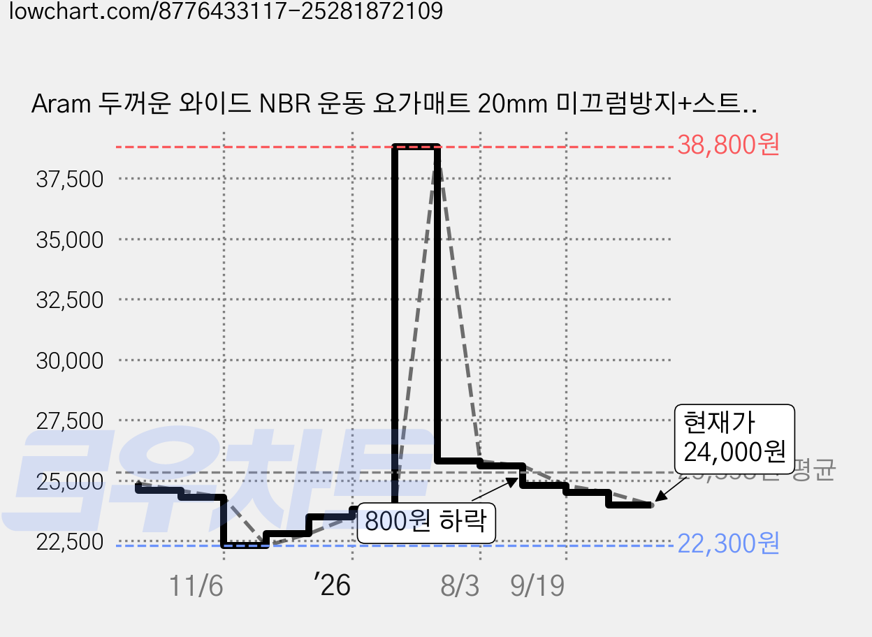 Aram 두꺼운 와이드 NBR 운동 요가매트 20mm 미끄럼방지+스트랩 가방, 핑크, 1개 가격 변동 차트, 현재가 24,000원, 관측 최저가 22,300원