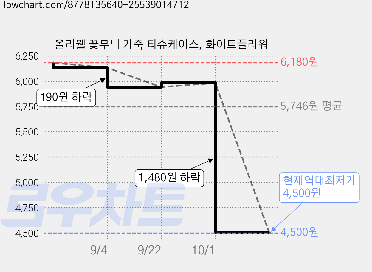 올리웰 꽃무늬 가죽 티슈케이스, 화이트플라워 가격 변동 차트, 현재가 4,500원, 역대최저가