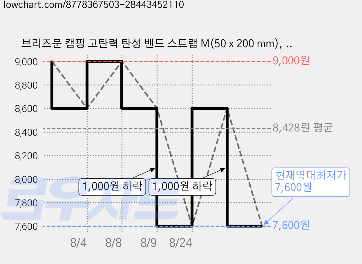 브리즈문 캠핑 고탄력 탄성 밴드 스트랩 M(50 x 200 mm), 블랙, 10개 가격 변동 차트, 현재가 7,600원, 역대최저가