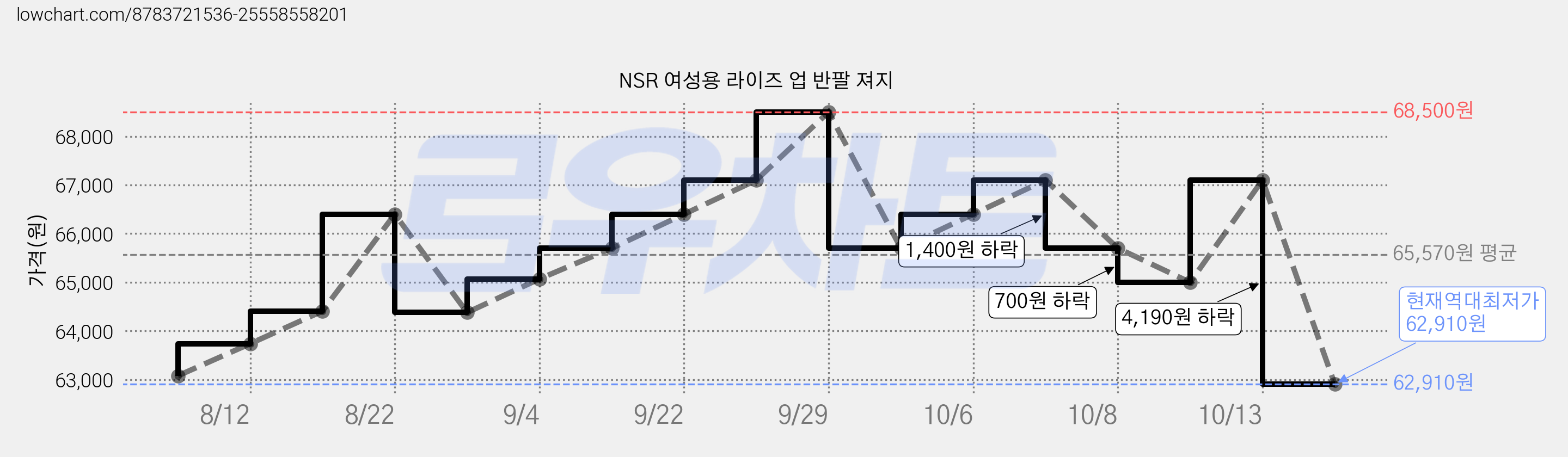 NSR 여성용 라이즈 업 반팔 져지 가격 변동 차트, 현재가 62,910원, 역대최저가