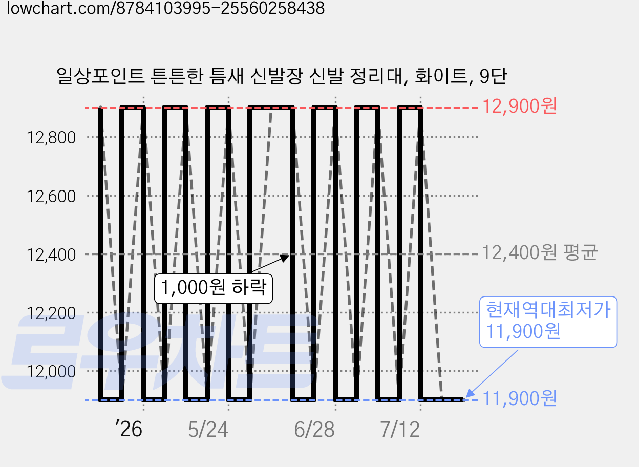 일상포인트 튼튼한 틈새 신발장 신발 정리대, 화이트, 9단 가격 변동 차트, 현재가 11,900원, 역대최저가