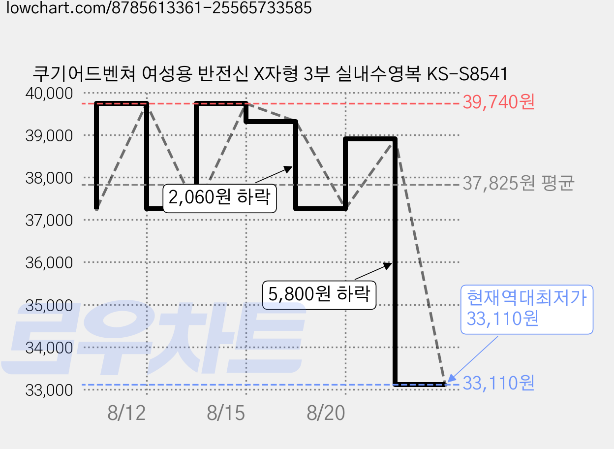 쿠기어드벤쳐 여성용 반전신 X자형 3부 실내수영복 KS-S8541 가격 변동 차트, 현재가 33,110원, 역대최저가