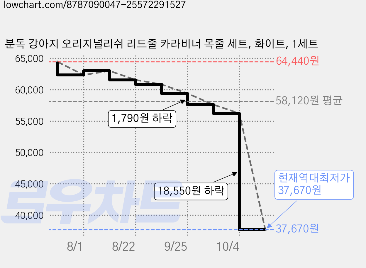 분독 강아지 오리지널리쉬 리드줄 카라비너 목줄 세트, 화이트, 1세트 가격 변동 차트, 현재가 37,670원, 역대최저가