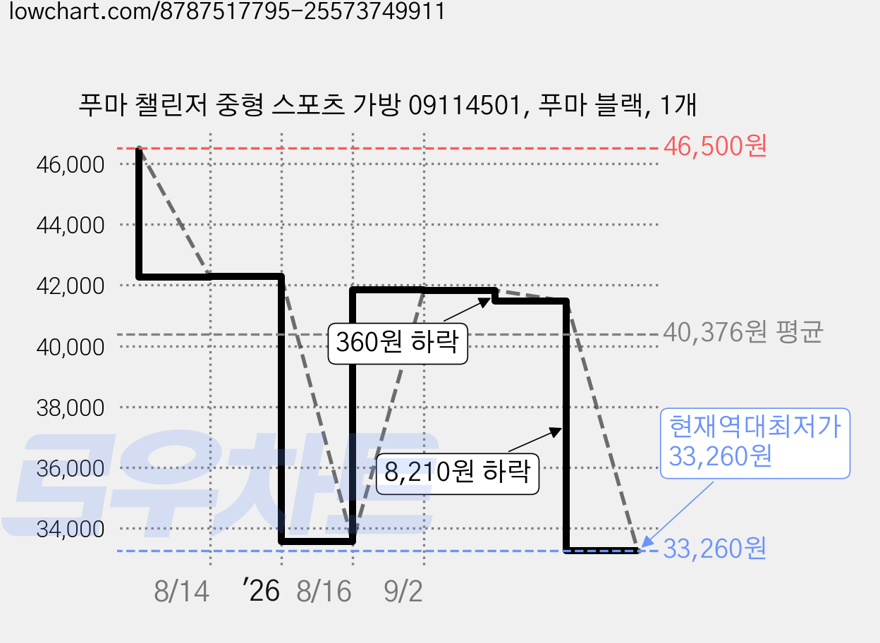 푸마 챌린저 중형 스포츠 가방 09114501, 푸마 블랙, 1개 가격 변동 차트, 현재가 33,260원, 역대최저가
