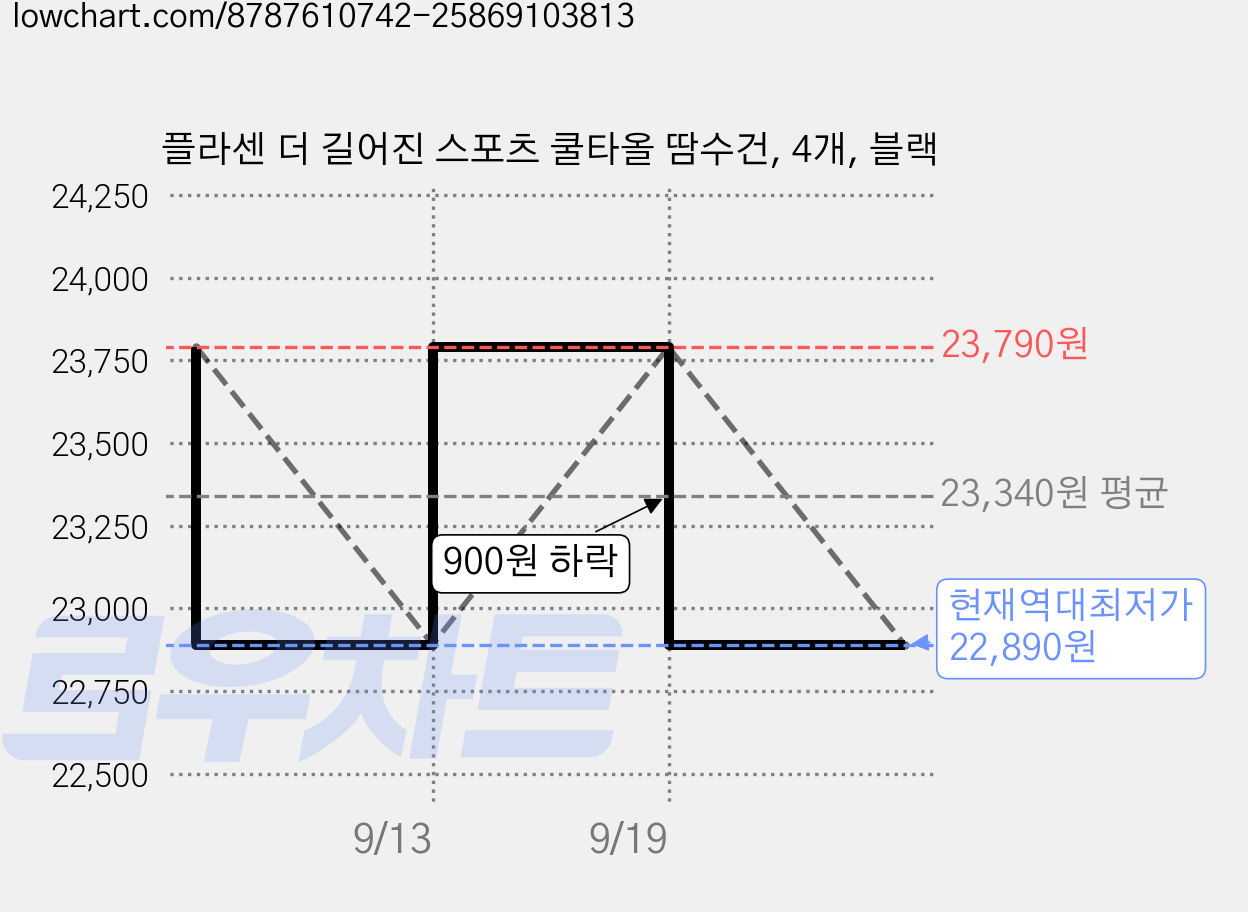 플라센 더 길어진 스포츠 쿨타올 땀수건, 4개, 블랙 가격 변동 차트, 현재가 22,890원, 역대최저가