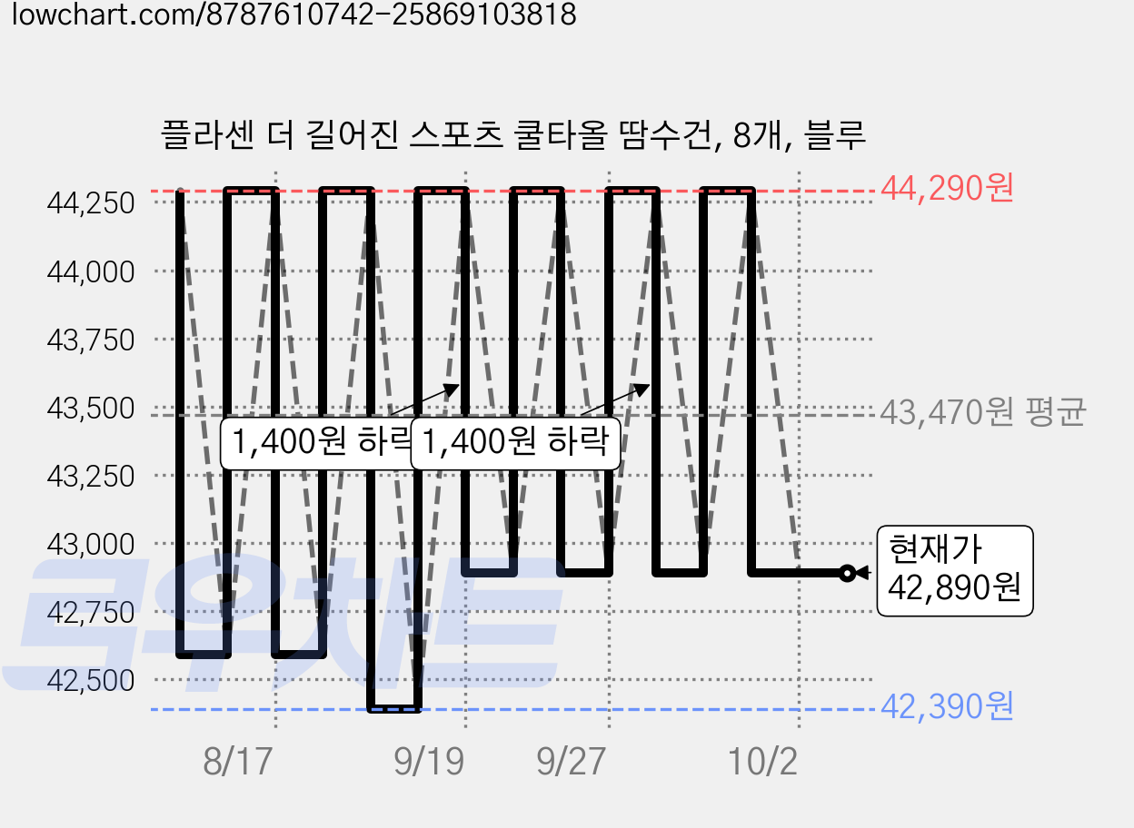 플라센 더 길어진 스포츠 쿨타올 땀수건, 8개, 블루 가격 변동 차트, 현재가 42,890원, 관측 최저가 42,390원