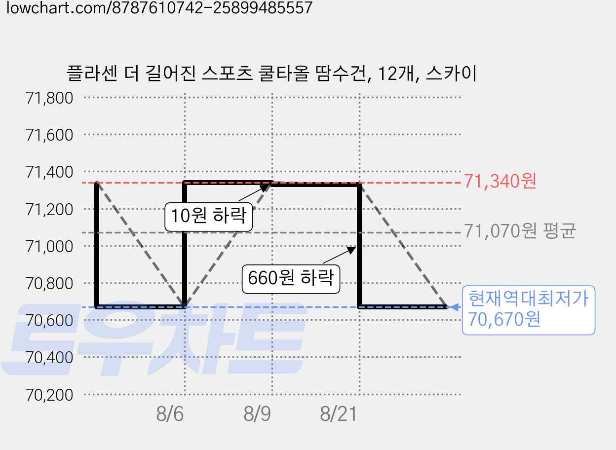 플라센 더 길어진 스포츠 쿨타올 땀수건, 12개, 스카이 가격 변동 차트, 현재가 70,670원, 역대최저가