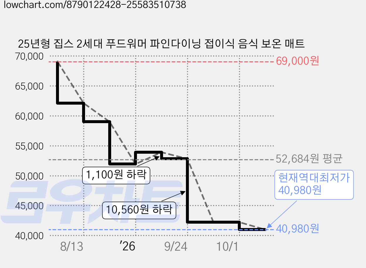 25년형 집스 2세대 푸드워머 파인다이닝 접이식 음식 보온 매트 가격 변동 차트, 현재가 40,980원, 역대최저가