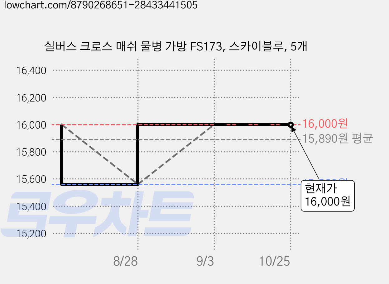 실버스 크로스 매쉬 물병 가방 FS173, 스카이블루, 5개 가격 변동 차트, 현재가 16,000원, 관측 최저가 15,560원