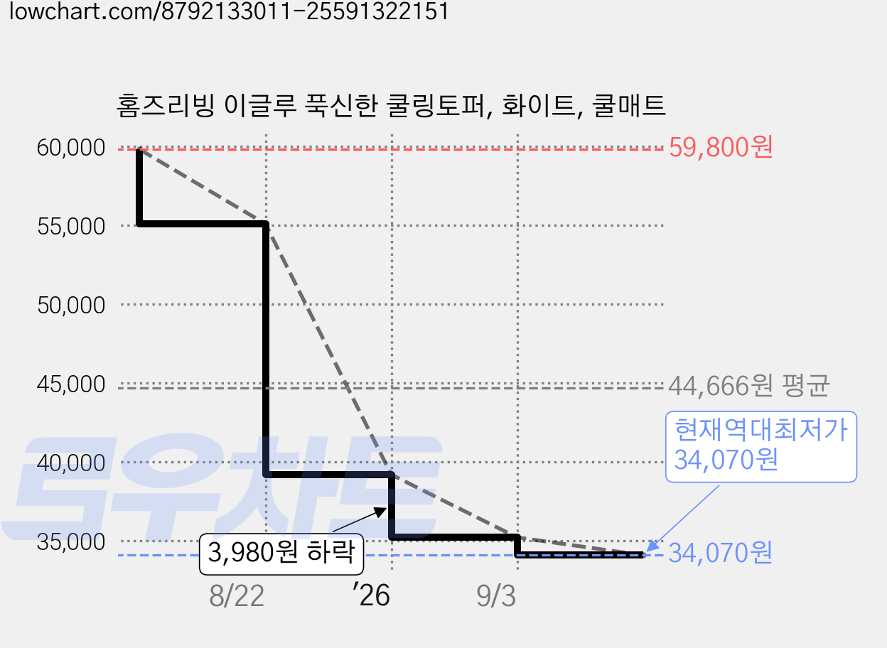 홈즈리빙 이글루 푹신한 쿨링토퍼, 화이트, 쿨매트 가격 변동 차트, 현재가 34,070원, 역대최저가
