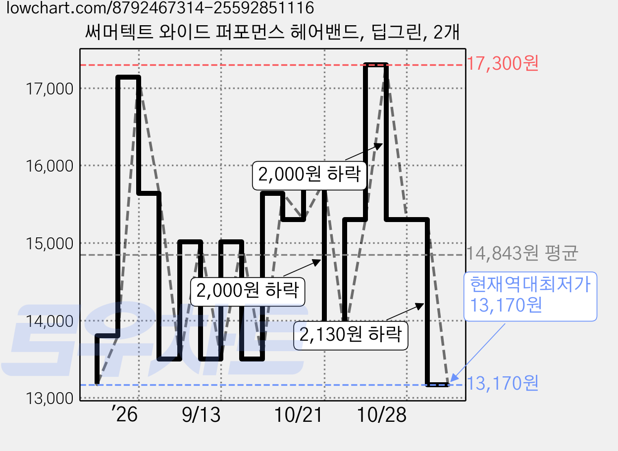써머텍트 와이드 퍼포먼스 헤어밴드, 딥그린, 2개 가격 변동 차트, 현재가 13,170원, 역대최저가
