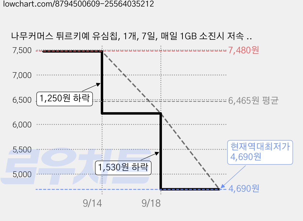 나무커머스 튀르키예 유심칩, 1개, 7일, 매일 1GB 소진시 저속 무제한 가격 변동 차트, 현재가 4,690원, 역대최저가