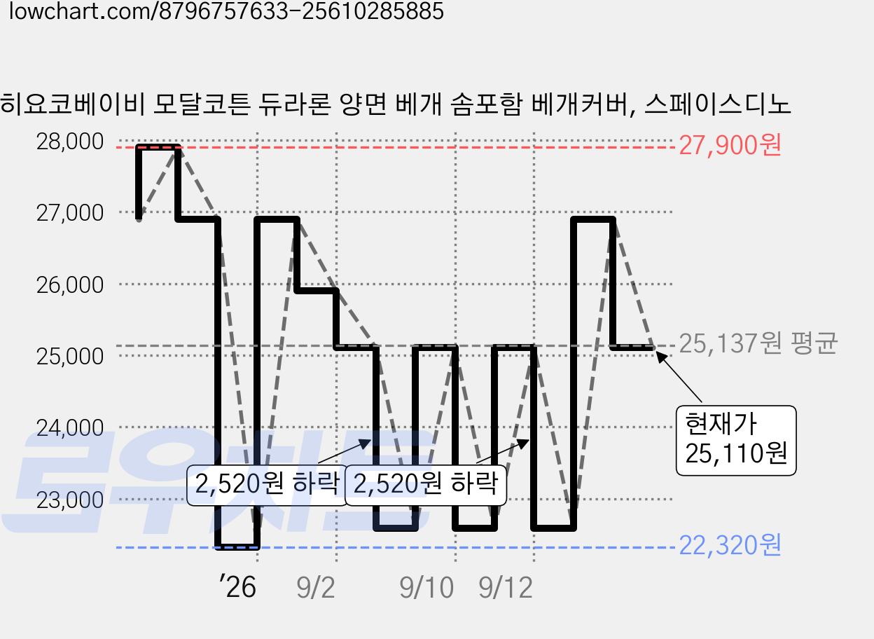 히요코베이비 모달코튼 듀라론 양면 베개 솜포함 베개커버, 스페이스디노 가격 변동 차트, 현재가 25,110원, 관측 최저가 22,320원