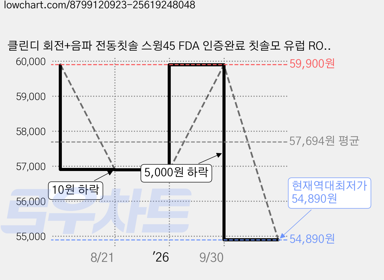 클린디 회전+음파 전동칫솔 스윙45 FDA 인증완료 칫솔모 유럽 ROHS 인증 45도 바스법 플라그 제거 효과 IPX7 방수, 1개, 화이트 가격 변동 차트, 현재가 54,890원, 역대최저가