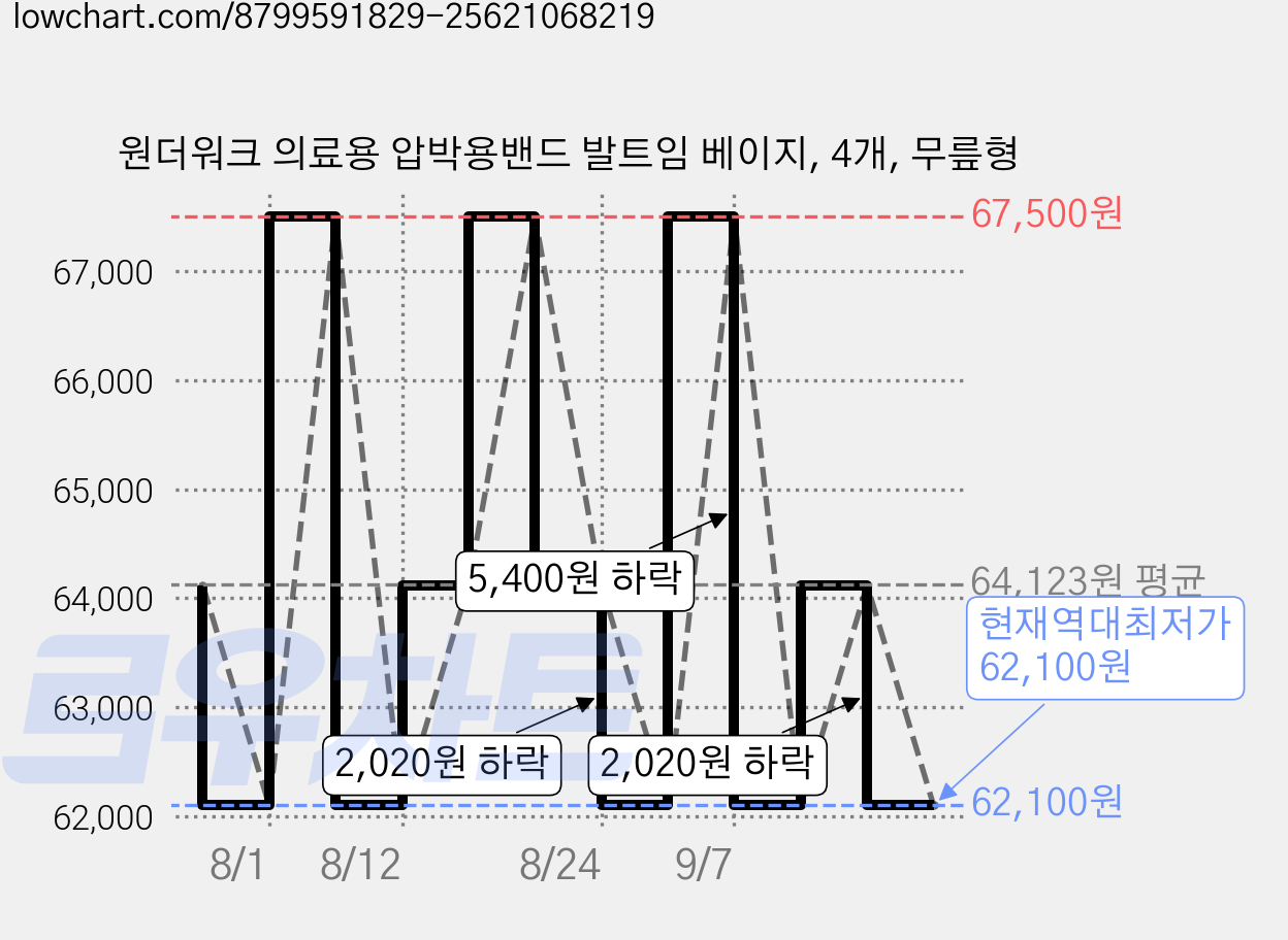 원더워크 의료용 압박용밴드 발트임 베이지, 4개, 무릎형 가격 변동 차트, 현재가 62,100원, 역대최저가