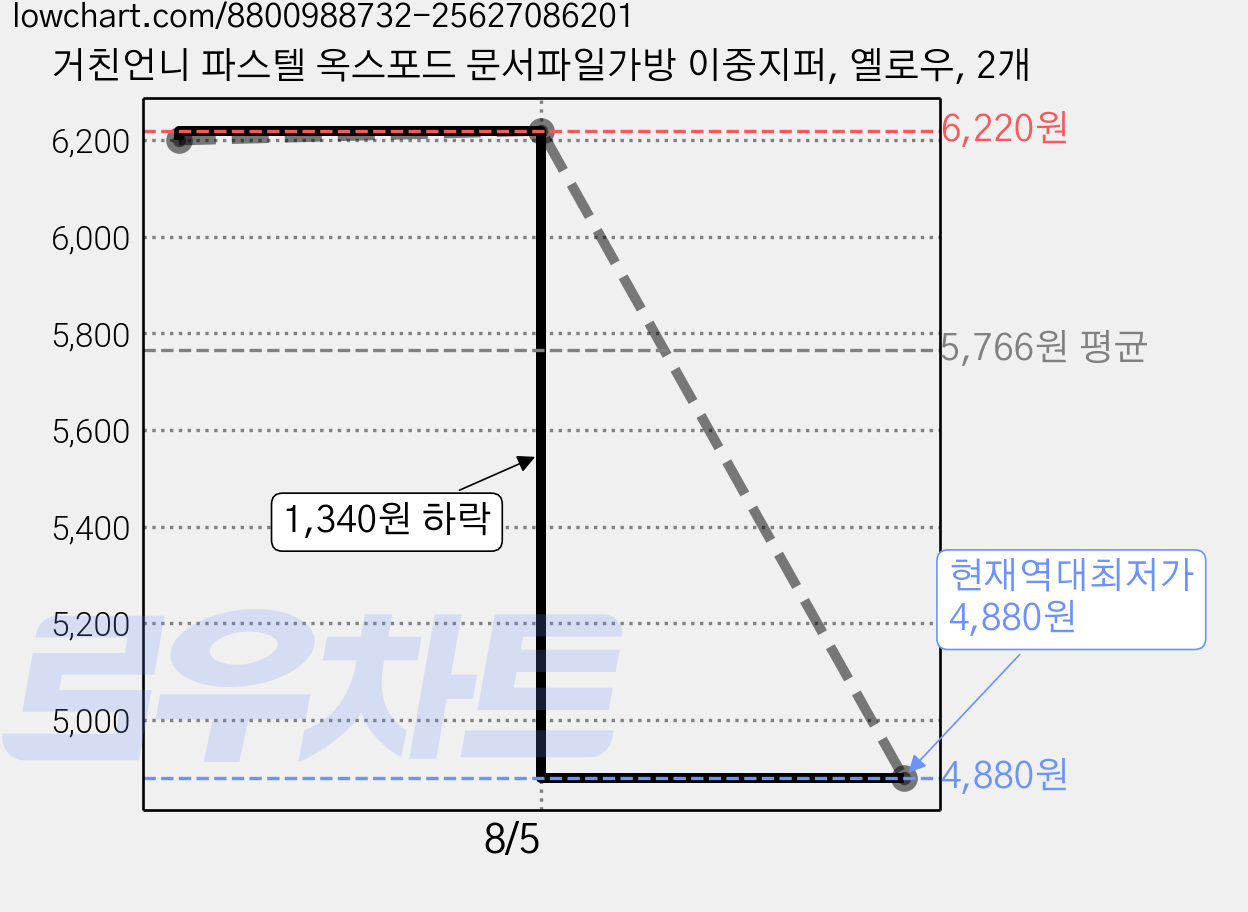거친언니 파스텔 옥스포드 문서파일가방 이중지퍼, 옐로우, 2개 가격 변동 차트, 현재가 4,880원, 역대최저가