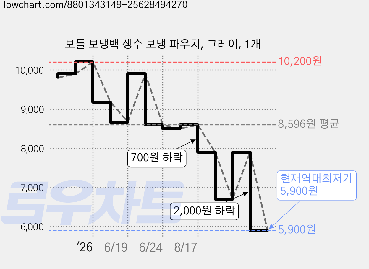 보틀 보냉백 생수 보냉 파우치, 그레이, 1개 가격 변동 차트, 현재가 5,900원, 역대최저가