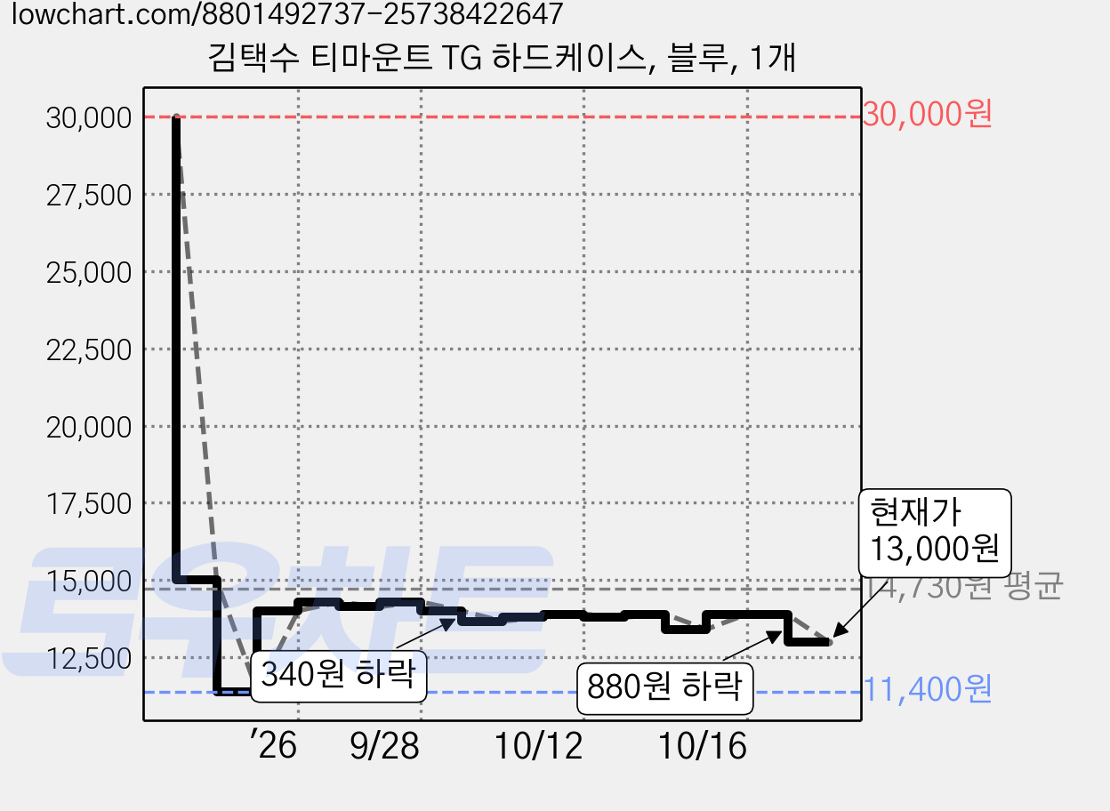 김택수 티마운트 TG 하드케이스, 블루, 1개 가격 변동 차트, 현재가 13,000원, 관측 최저가 11,400원