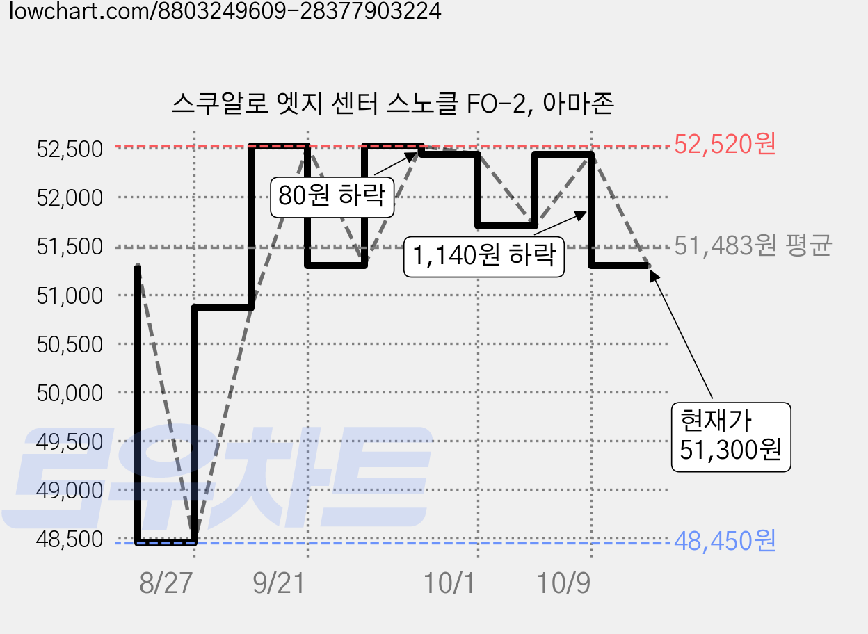 스쿠알로 엣지 센터 스노클 FO-2, 아마존 가격 변동 차트, 현재가 51,300원, 관측 최저가 48,450원