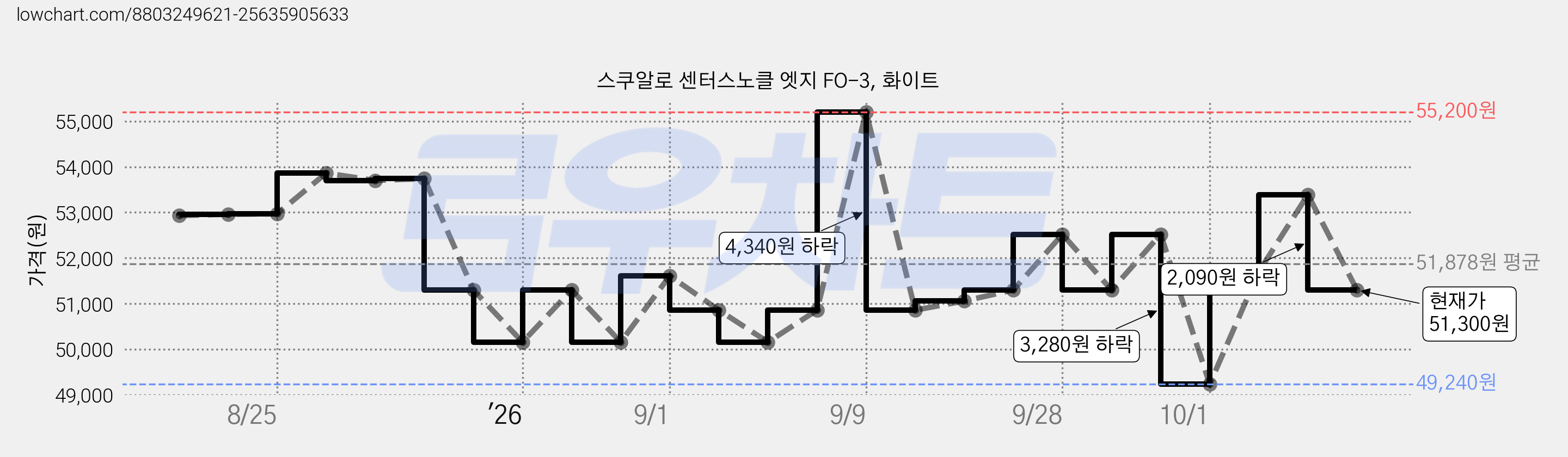 스쿠알로 센터스노클 엣지 FO-3, 화이트 가격 변동 차트, 현재가 51,300원, 관측 최저가 49,240원
