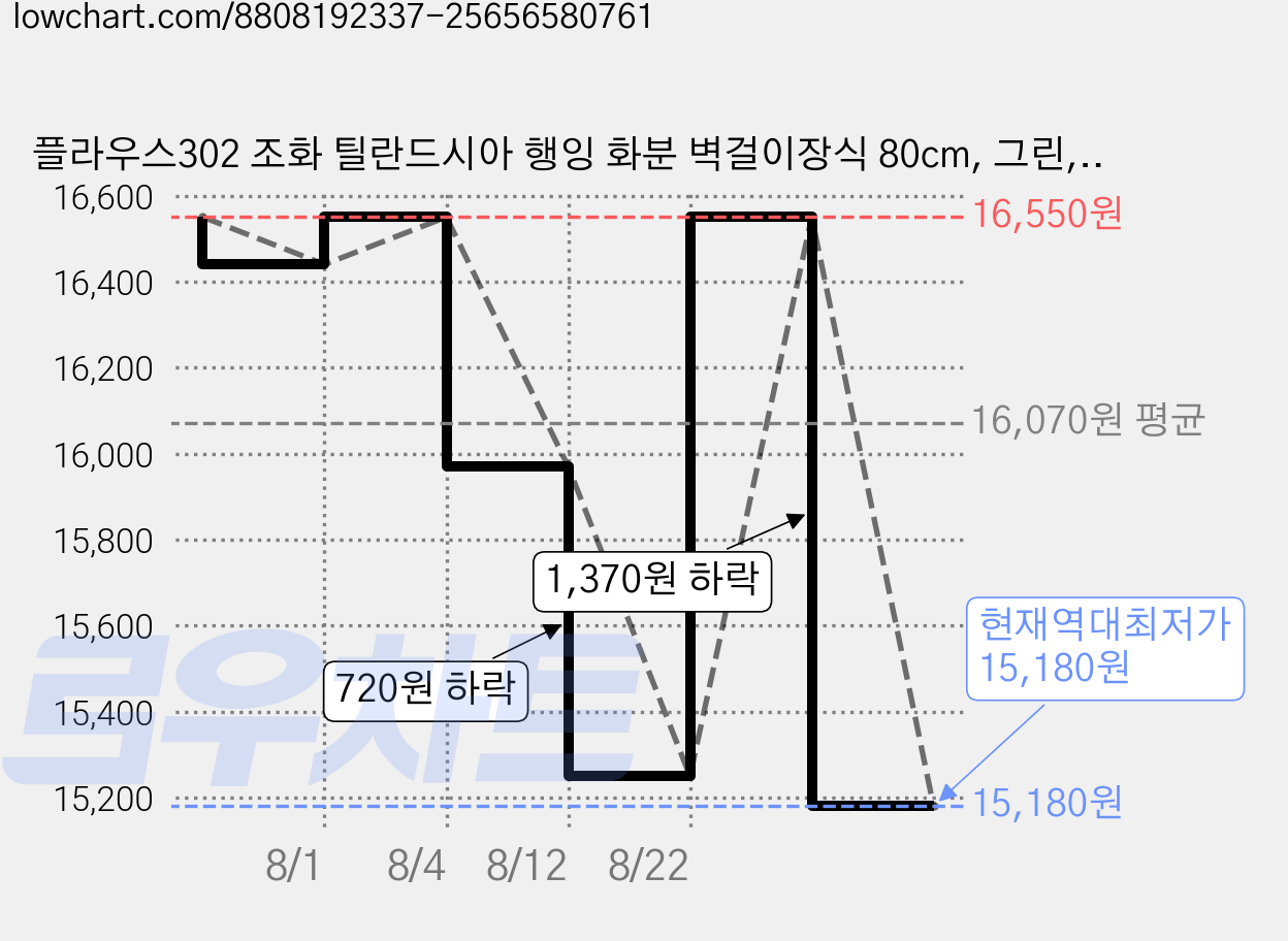 플라우스302 조화 틸란드시아 행잉 화분 벽걸이장식 80cm, 그린, 1개 가격 변동 차트, 현재가 15,180원, 역대최저가