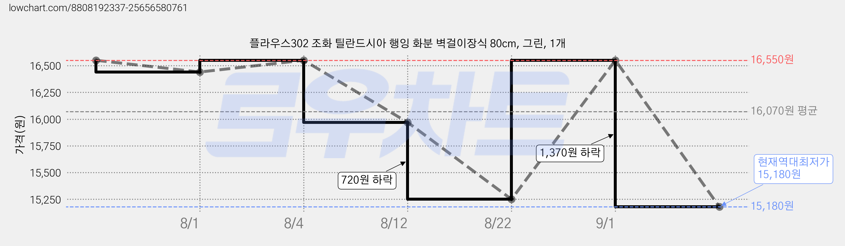 플라우스302 조화 틸란드시아 행잉 화분 벽걸이장식 80cm, 그린, 1개 가격 변동 차트, 현재가 15,180원, 역대최저가