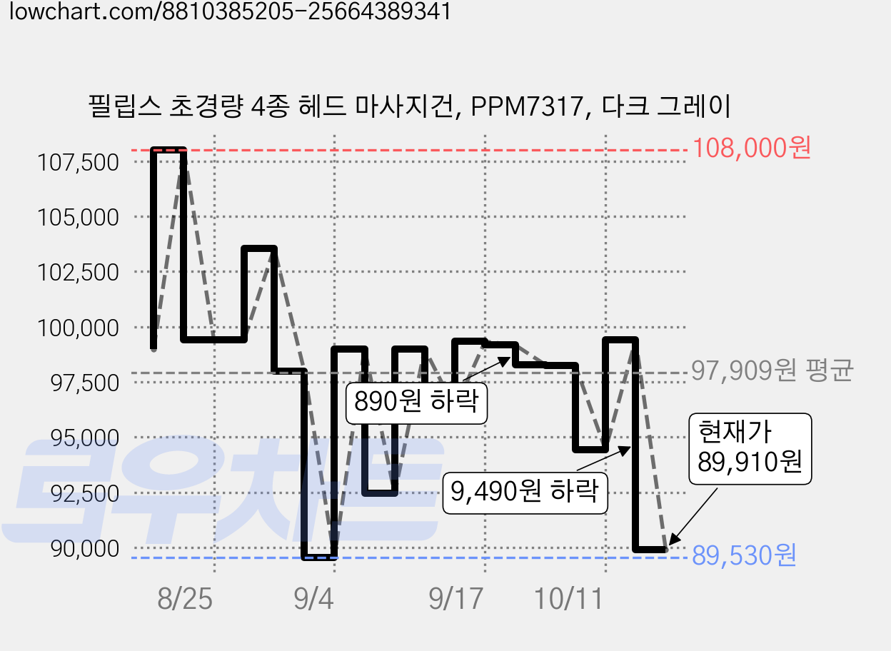필립스 초경량 4종 헤드 마사지건, PPM7317, 다크 그레이 가격 변동 차트, 현재가 96,310원, 관측 최저가 89,530원