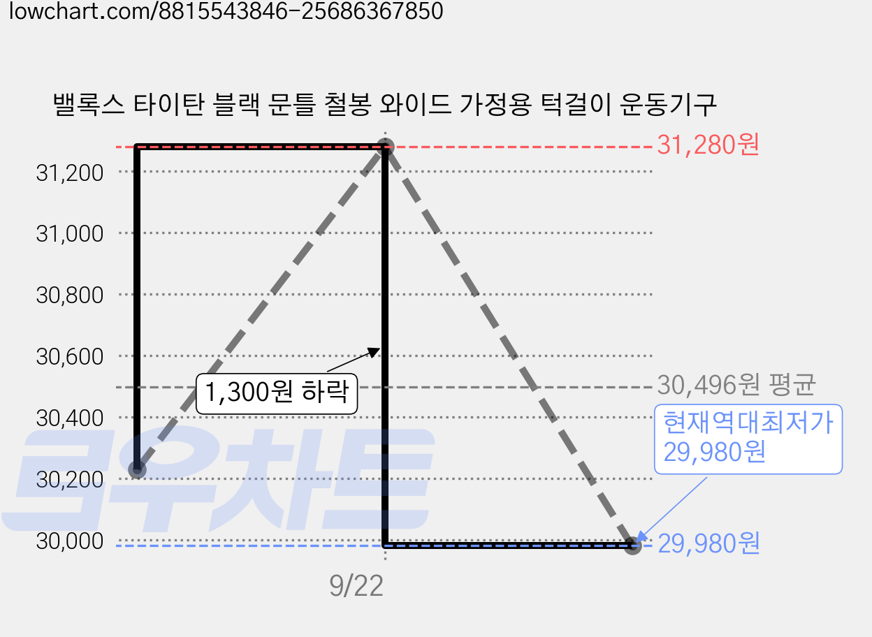 밸록스 타이탄 블랙 문틀 철봉 와이드 가정용 턱걸이 운동기구 가격 변동 차트, 현재가 29,980원, 역대최저가