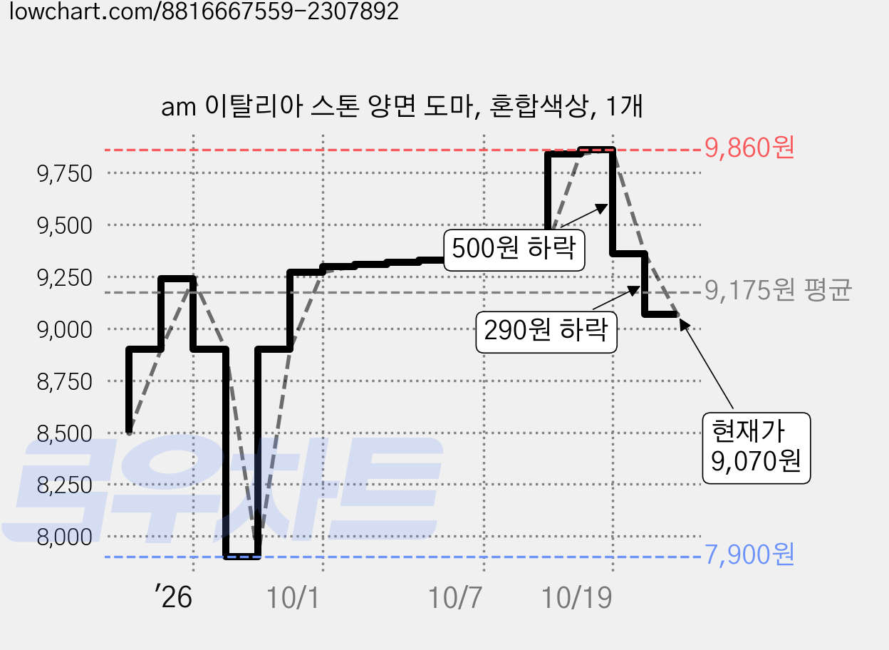 am 이탈리아 스톤 양면 도마, 혼합색상, 1개 가격 변동 차트, 현재가 9,070원, 관측 최저가 7,900원