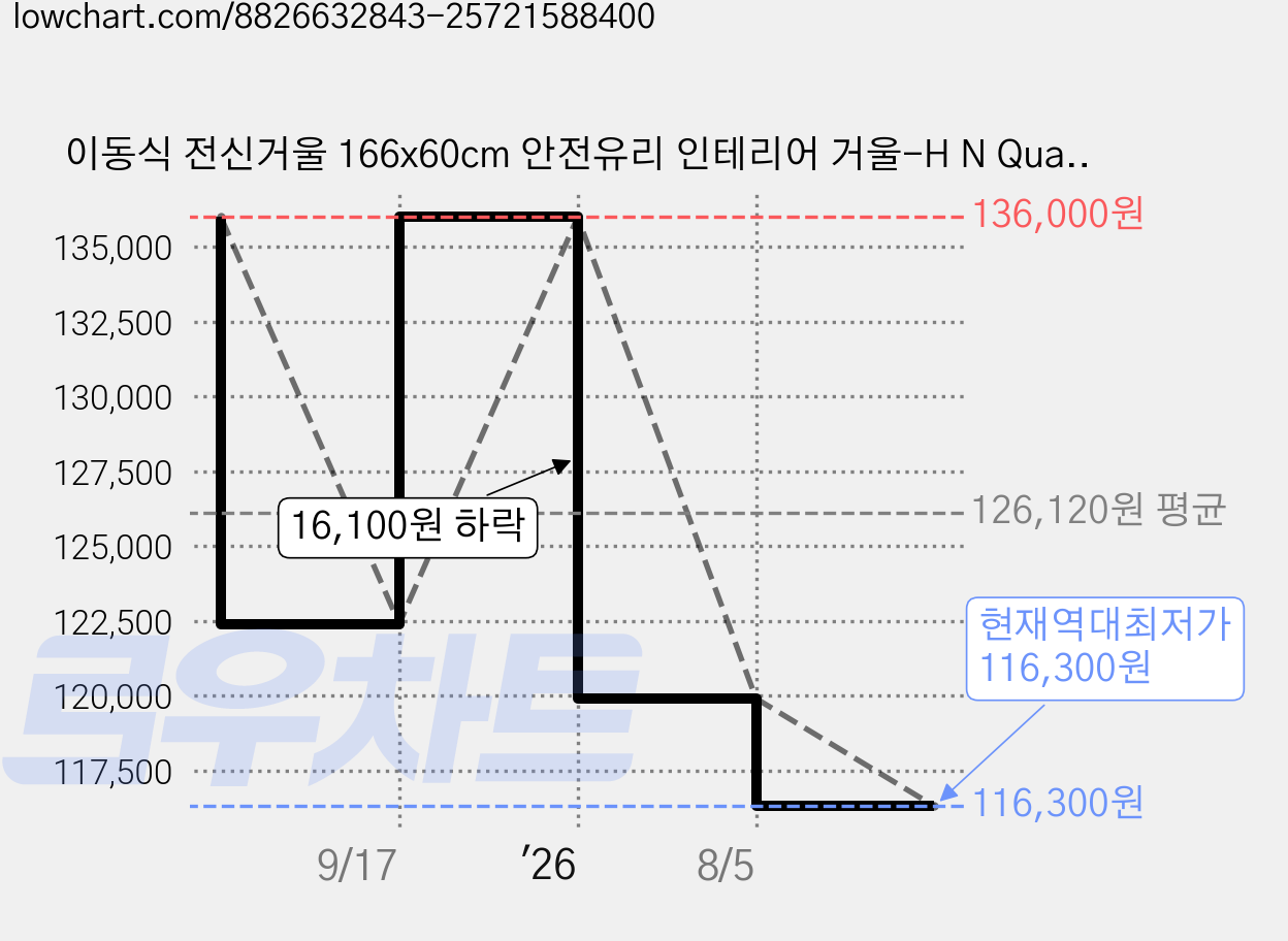 이동식 전신거울 166x60cm 안전유리 인테리어 거울-H N Quality Home, 은색 가격 변동 차트, 현재가 116,300원, 역대최저가