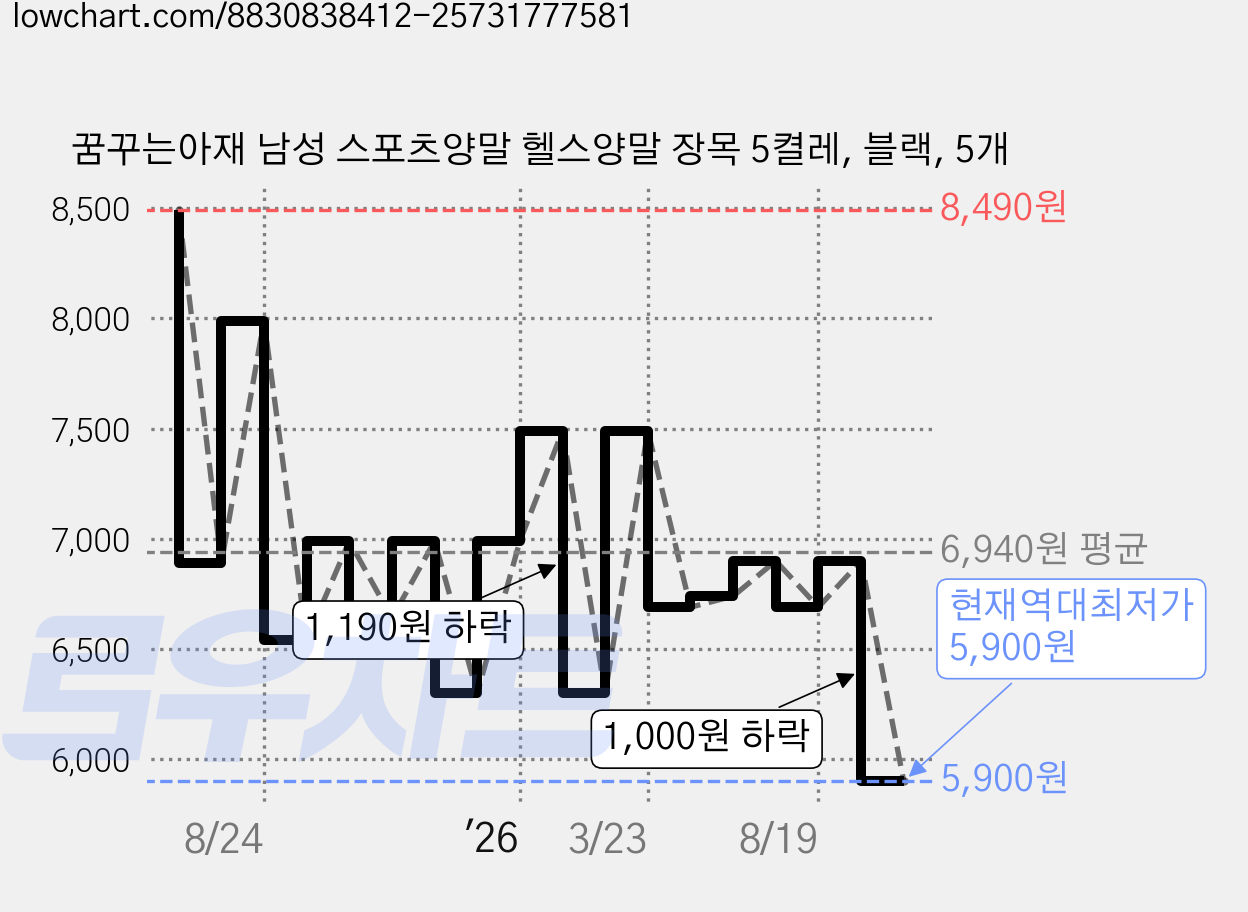 꿈꾸는아재 남성 스포츠양말 헬스양말 장목 5켤레, 블랙, 5개 가격 변동 차트, 현재가 5,900원, 역대최저가