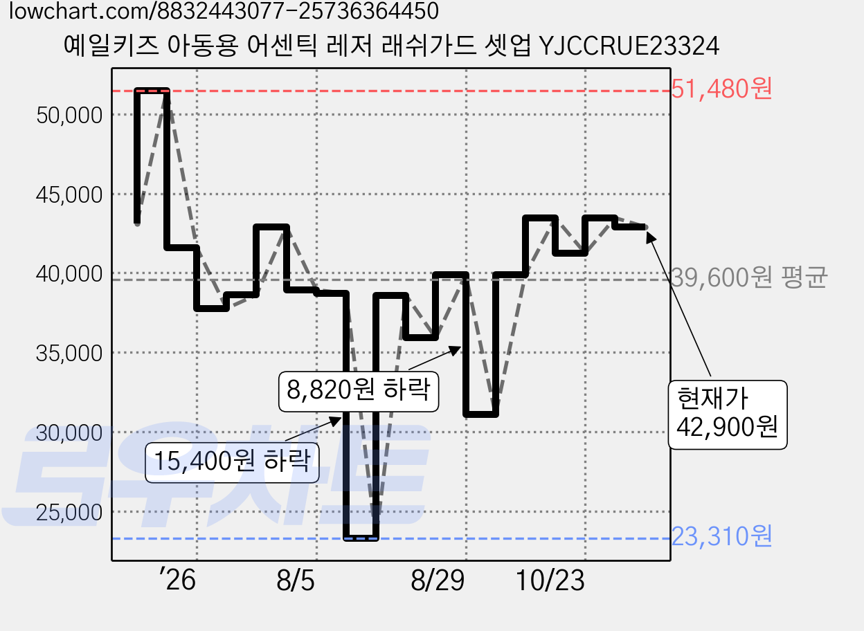 예일키즈 아동용 어센틱 레저 래쉬가드 셋업 YJCCRUE23324 가격 변동 차트, 현재가 42,900원, 관측 최저가 23,310원