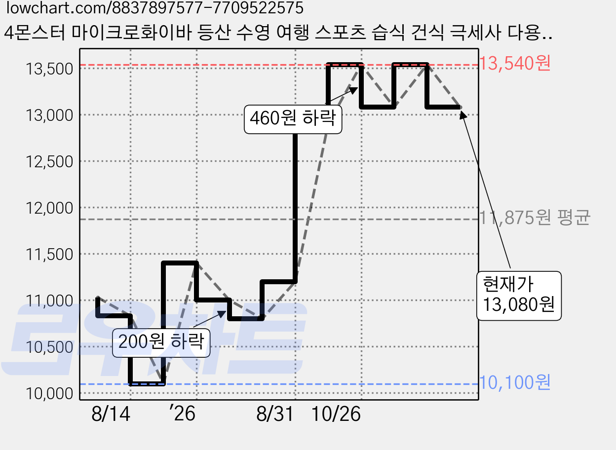 4몬스터 마이크로화이바 등산 수영 여행 스포츠 습식 건식 극세사 다용도 타월 XS + EVA 케이스 30 x 50 cm, 라이트블루, 1개 가격 변동 차트, 현재가 13,080원, 관측 최저가 10,100원