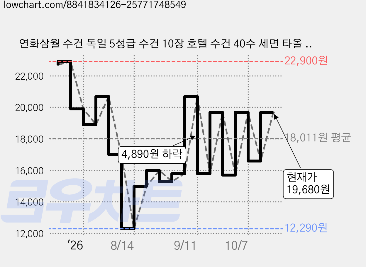 연화삼월 수건 독일 5성급 수건 10장 호텔 수건 40수 세면 타올 먼지없는 수건 수건 5개 OEKO-TEX 알러지/진드기방지 항균인증, 10개, 그레이 가격 변동 차트, 현재가 19,680원, 관측 최저가 12,290원