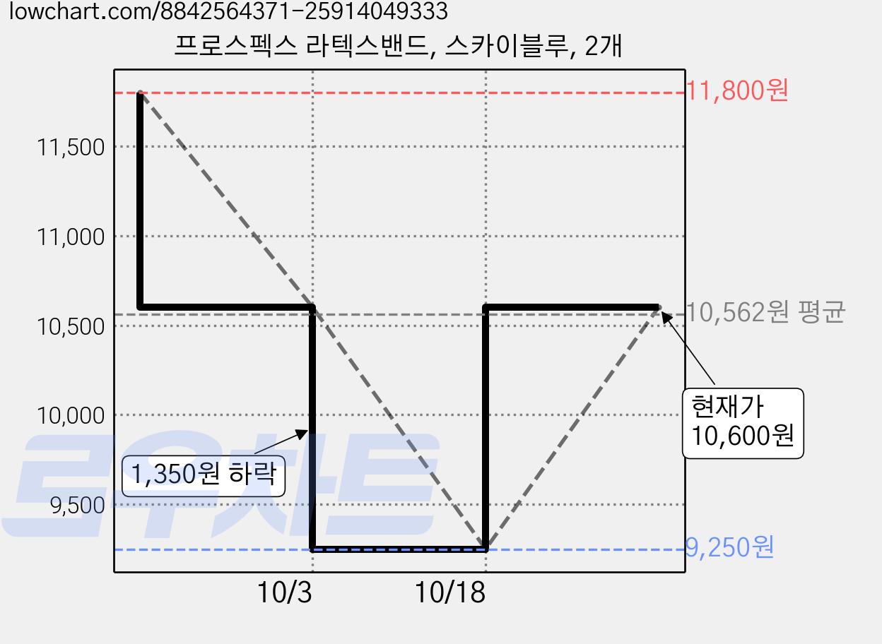 프로스펙스 라텍스밴드, 스카이블루, 2개 가격 변동 차트, 현재가 10,600원, 관측 최저가 9,250원