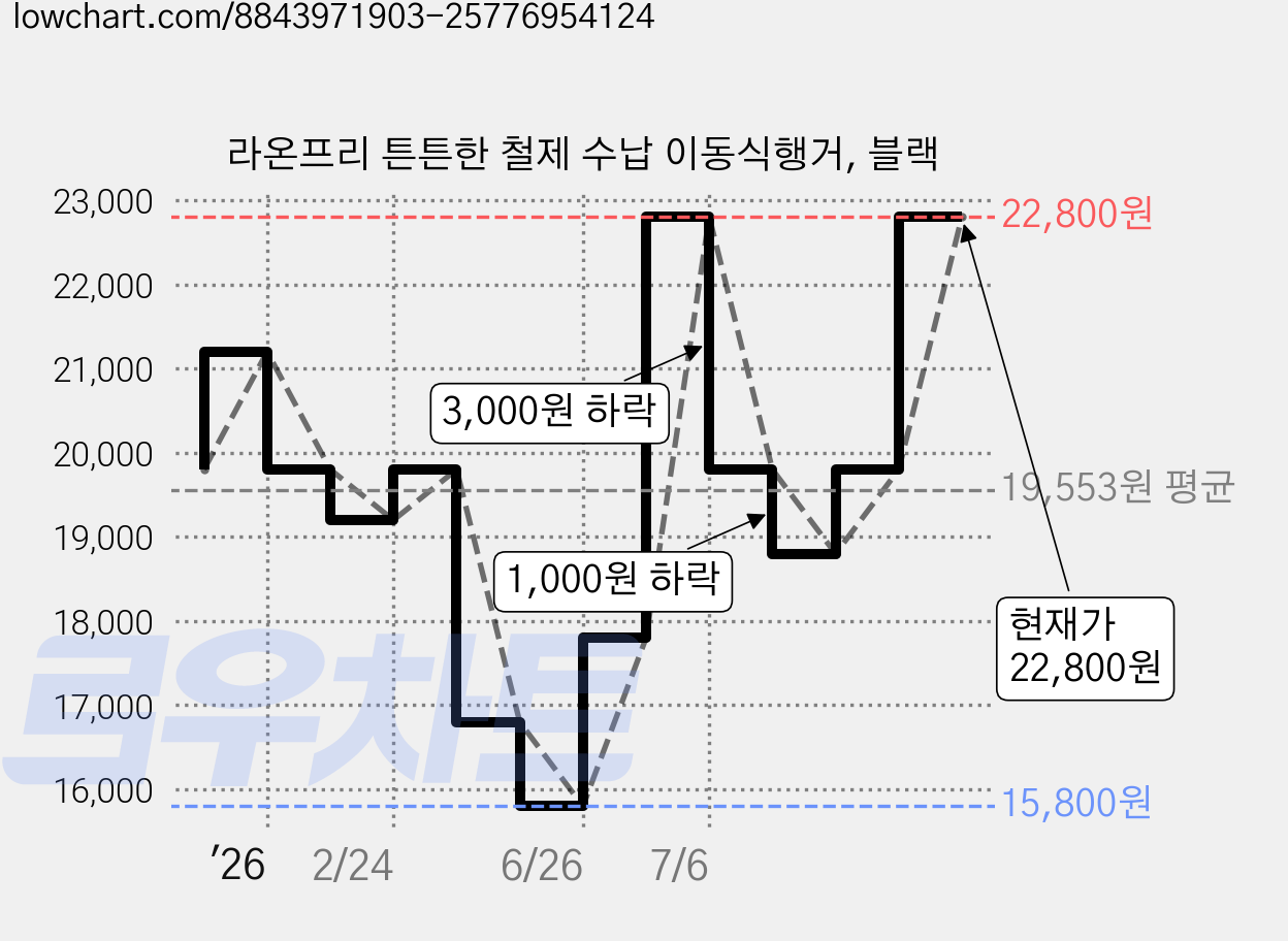 라온프리 튼튼한 철제 수납 이동식행거, 블랙 가격 변동 차트, 현재가 22,800원, 관측 최저가 15,800원