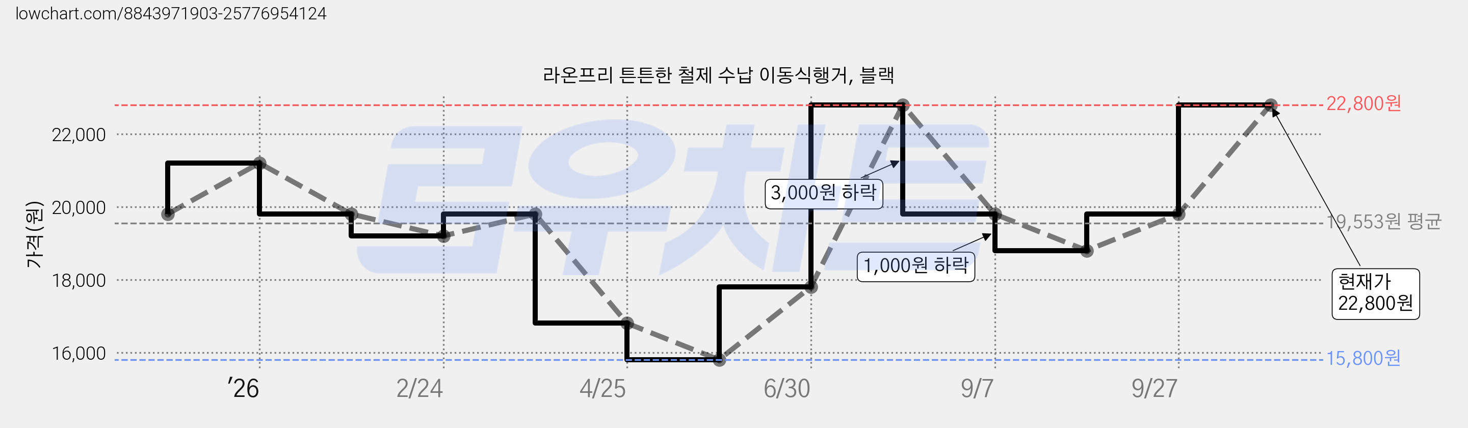 라온프리 튼튼한 철제 수납 이동식행거, 블랙 가격 변동 차트, 현재가 22,800원, 관측 최저가 15,800원